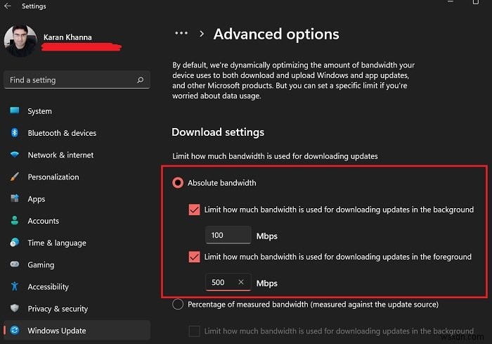 Windows 11/10でWindows Updateのダウンロードに使用する絶対帯域幅を指定する方法
