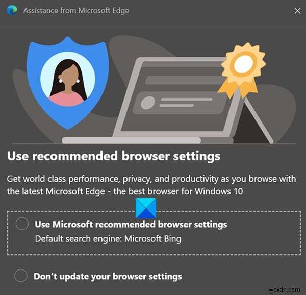 Microsoft Edgeで「推奨ブラウザ設定を使用」のポップアップを無効にする方法