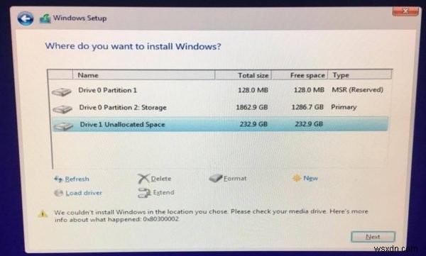 Windowsインストールエラー0x80300002「選択した場所にWindowsをインストールできません」の原因と解決方法