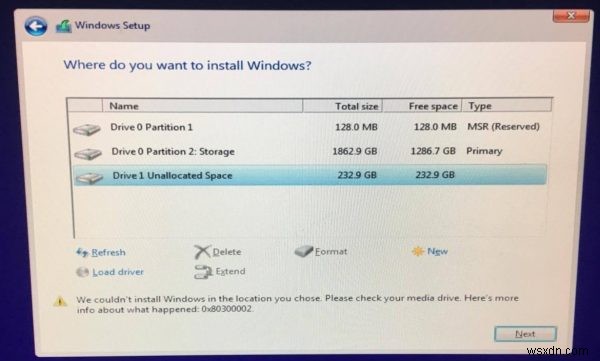 Windowsインストールエラー0x80300002「選択した場所にWindowsをインストールできません」の原因と解決方法