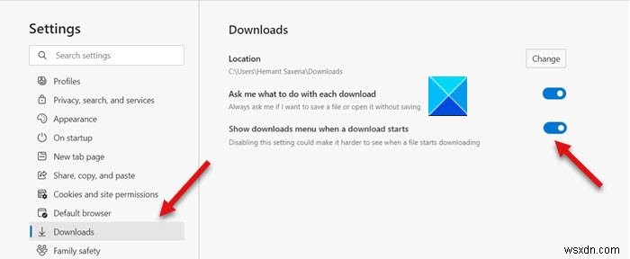 Microsoft Edgeで「ダウンロードが開始されたときにダウンロードメニューを表示」を有効にする方法