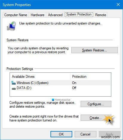 Windows 10でシステムの復元(システム保護)のデスクトップショートカットを作成する方法