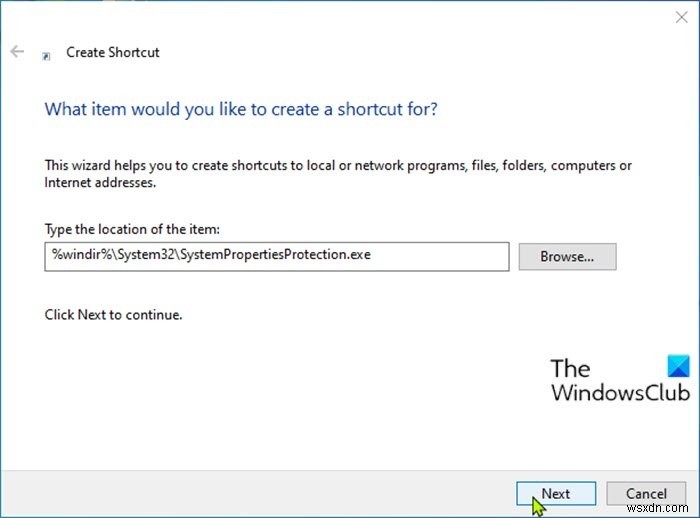 Windows 10でシステムの復元(システム保護)のデスクトップショートカットを作成する方法