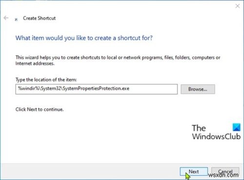 Windows 10でシステムの復元(システム保護)のデスクトップショートカットを作成する方法