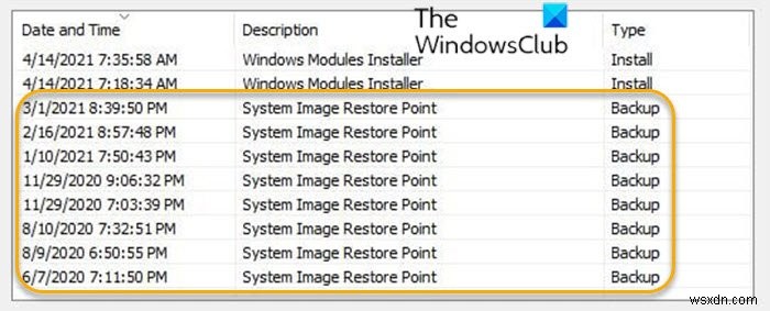 Windows 10のシステムの復元から「バックアップ」タイプのシステムイメージ復元ポイントを削除する方法