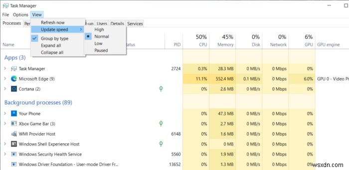 Windows 10でタスクマネージャーのデータ更新速度を変更する方法