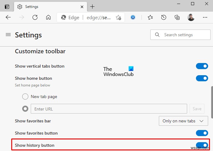 Microsoft Edgeのツールバーに履歴ボタンを表示・非表示にする方法