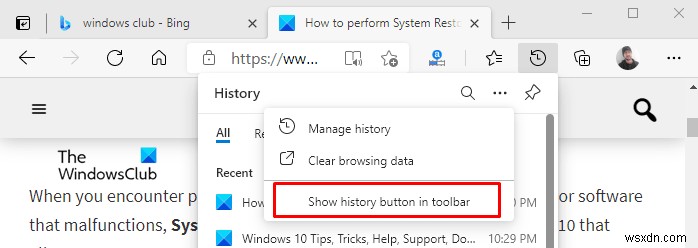 Microsoft Edgeのツールバーに履歴ボタンを表示・非表示にする方法
