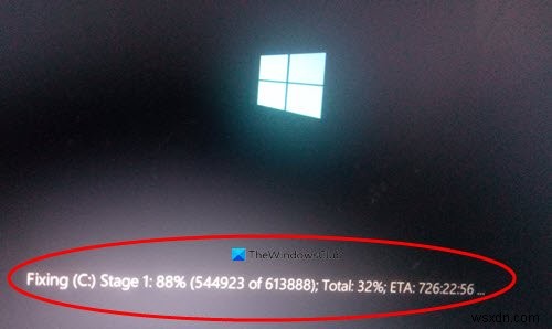 Windows 11/10の起動時に表示される「Fixing (C:) Stage 1」を停止する方法