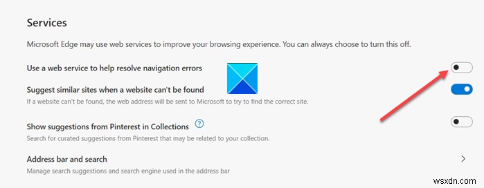 Microsoft Edgeで「Webサービスを使用してナビゲーションエラーを解決する」を有効または無効にする方法