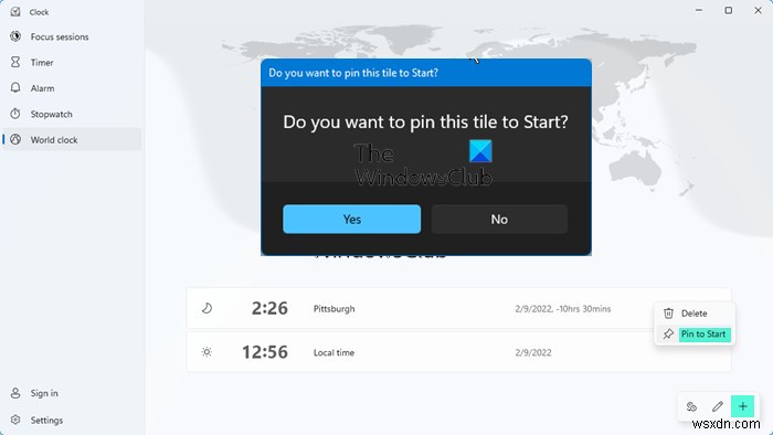 Windows 11/10の「アラーム & クロック」アプリを使ってスタートメニューに時計を追加する方法