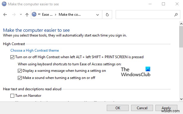 Windows 11/10でハイコントラストテーマの警告メッセージとサウンドを有効または無効にする方法