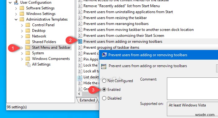 ユーザーがWindowsのタスクバーにツールバーを追加・削除・調整できないようにする方法