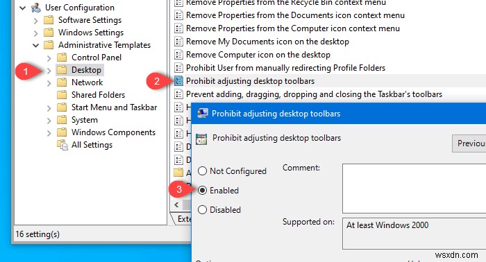 ユーザーがWindowsのタスクバーにツールバーを追加・削除・調整できないようにする方法