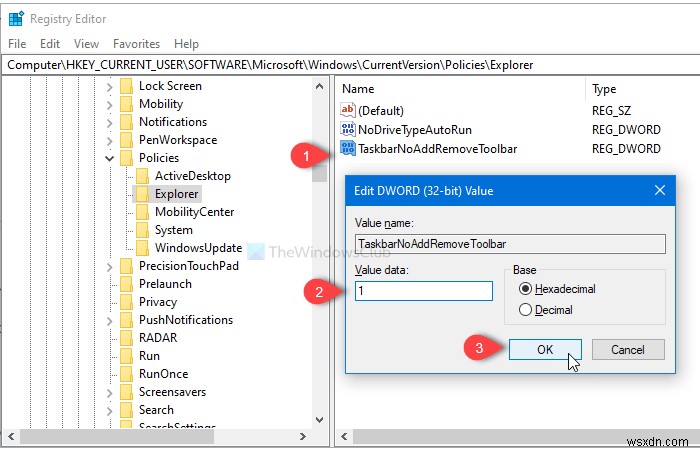 ユーザーがWindowsのタスクバーにツールバーを追加・削除・調整できないようにする方法
