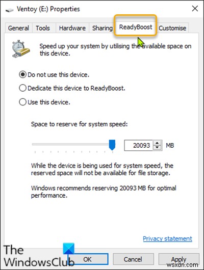 Windows 10のドライブプロパティにReadyBoostタブを追加または削除する方法