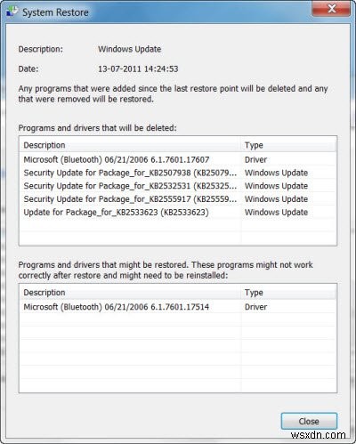 システムの復元後に影響を受けるプログラムやファイルを事前に確認する方法