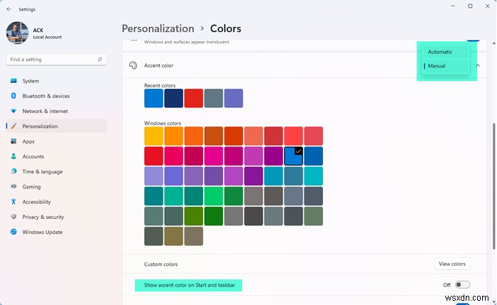 Windows 11/10でタスクバーにカスタムカラーを追加・変更する方法
