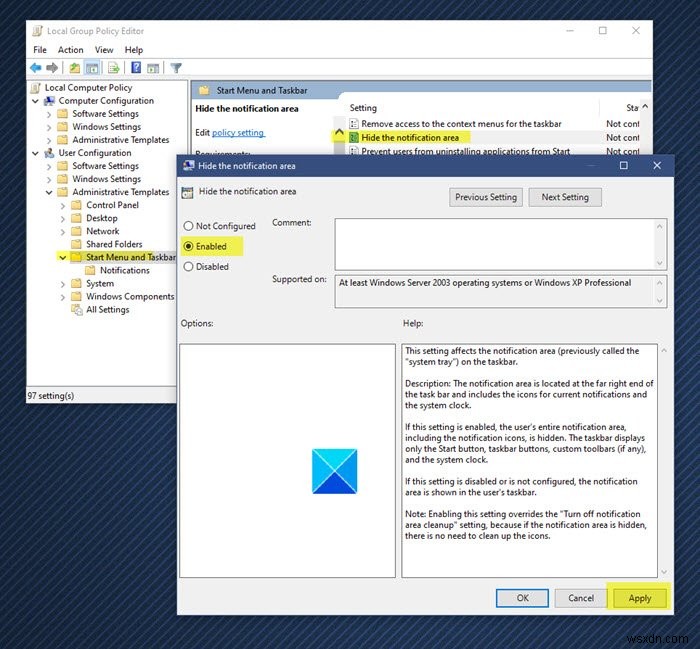 Windows 10で通知領域とシステム時計を非表示にする方法