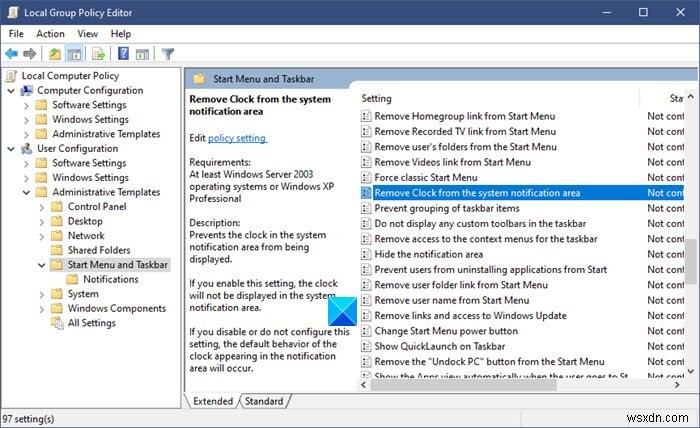 Windows 10で通知領域とシステム時計を非表示にする方法