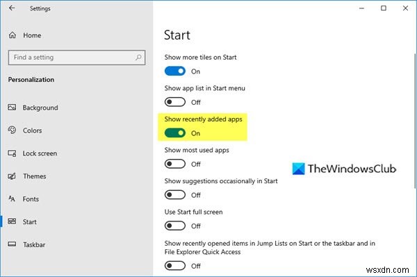 Windows 11/10のスタートメニューで「最近追加されたアプリ」を表示・非表示にする方法