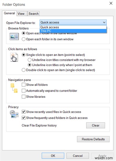 Windows 11/10でファイルエクスプローラーを「クイックアクセス」ではなく「PC」で開く設定方法