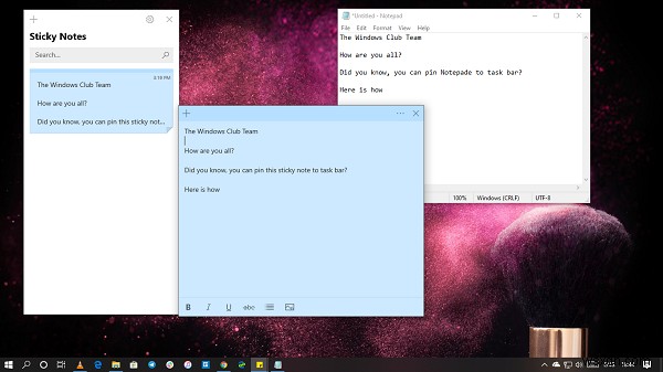 Windows 11/10のデスクトップやタスクバーに付箋・メモ帳を配置する方法