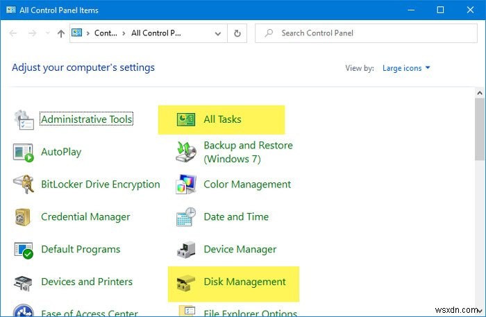 Windows 11/10のコントロールパネルに「すべてのタスク」と「ディスクの管理」を追加する方法
