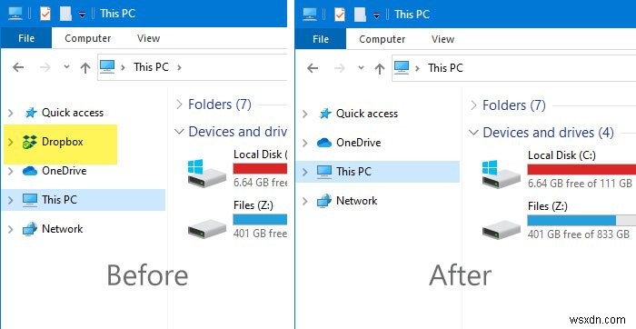 ファイルエクスプローラーのナビゲーションペインからDropboxを削除する方法