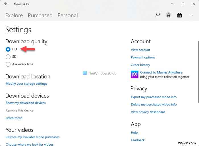Windows 11/10の「映画とテレビ」アプリで常にHD画質の動画をダウンロードする方法
