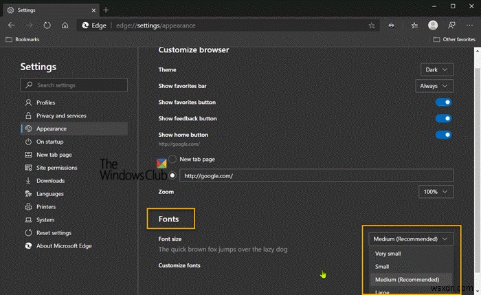 Microsoft Edgeで既定のフォントサイズとフォントスタイルを変更する方法