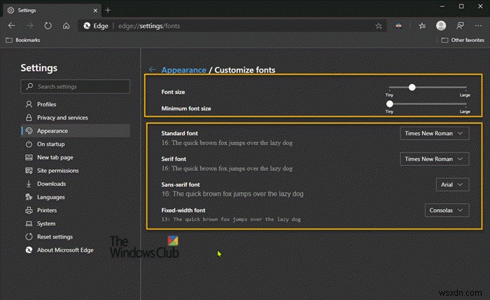 Microsoft Edgeで既定のフォントサイズとフォントスタイルを変更する方法