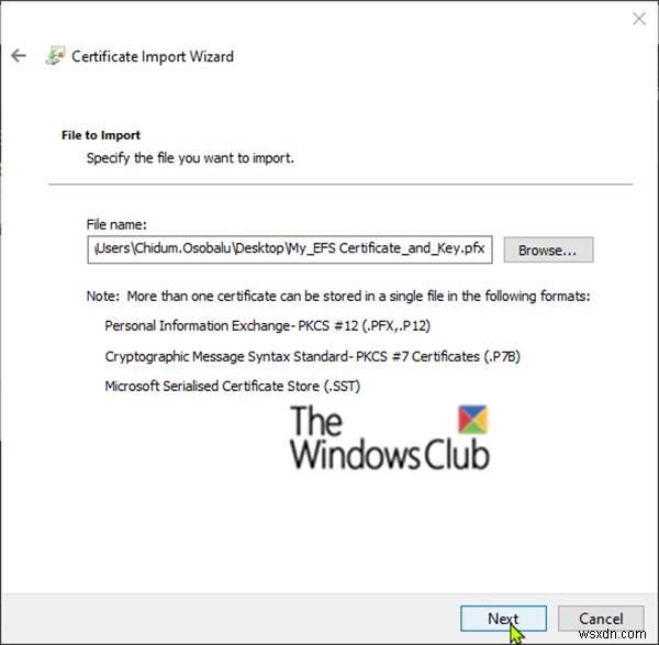 Windows 10でEFSファイル暗号化証明書とキー(PFXファイル)をインポートして復元する方法