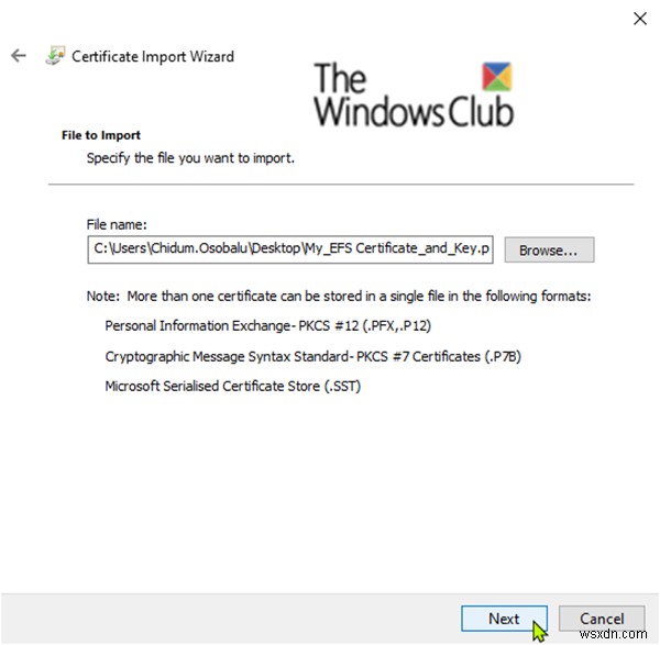Windows 10でEFSファイル暗号化証明書とキー(PFXファイル)をインポートして復元する方法