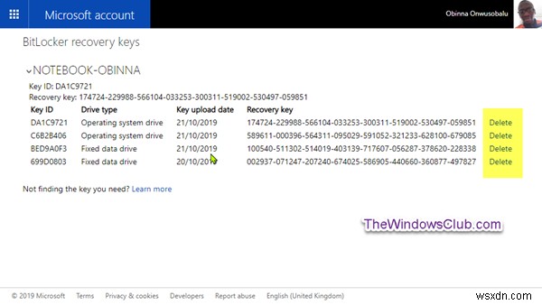 Windows 10でOneDriveに保存したBitLocker回復キーを削除する方法