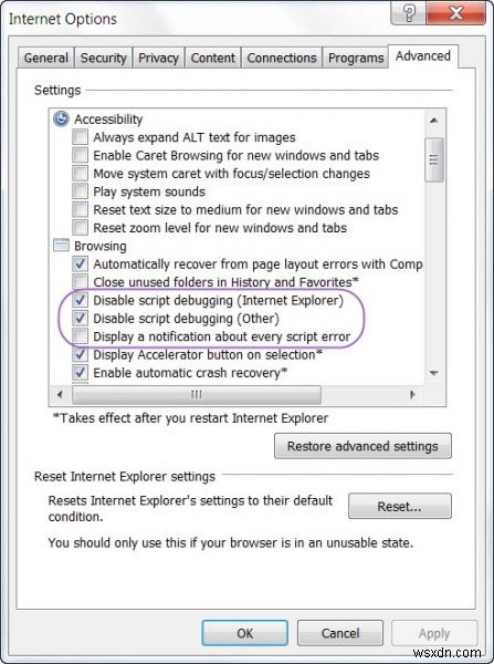 Windowsパソコンでスクリプトエラーとランタイムエラーのメッセージを無効にする方法