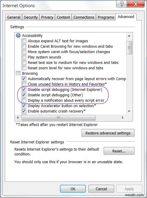 Windowsパソコンでスクリプトエラーとランタイムエラーのメッセージを無効にする方法