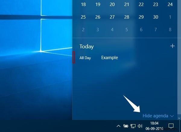 Windows 10のタスクバー時計から「予定（アジェンダ）」を非表示にする方法