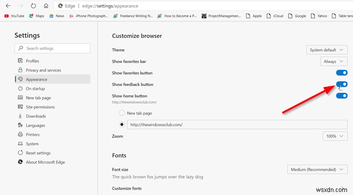 新しいMicrosoft Edgeで「フィードバックの送信」ボタンを削除・無効化する方法