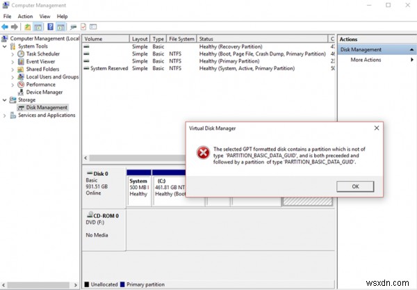 GPTフォーマット済みディスクのパーティションタイプがPARTITION_BASIC_DATA_GUIDではないエラーの対処法