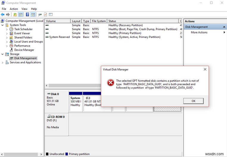 GPTフォーマット済みディスクのパーティションタイプがPARTITION_BASIC_DATA_GUIDではないエラーの対処法