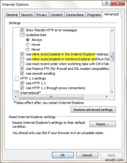 Windows 10のエクスプローラー、「ファイル名を指定して実行」、IEでオートコンプリートとインライン オートコンプリートを有効/無効にする方法