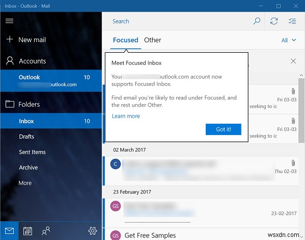 Windows 10メールアプリの「フォーカスされた受信トレイ」を有効・無効にする方法
