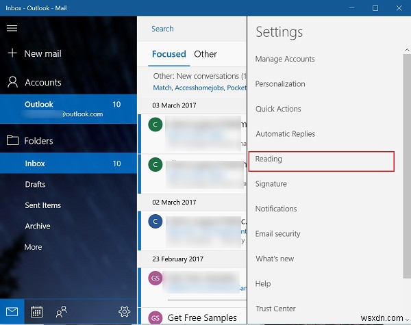 Windows 10メールアプリの「フォーカスされた受信トレイ」を有効・無効にする方法