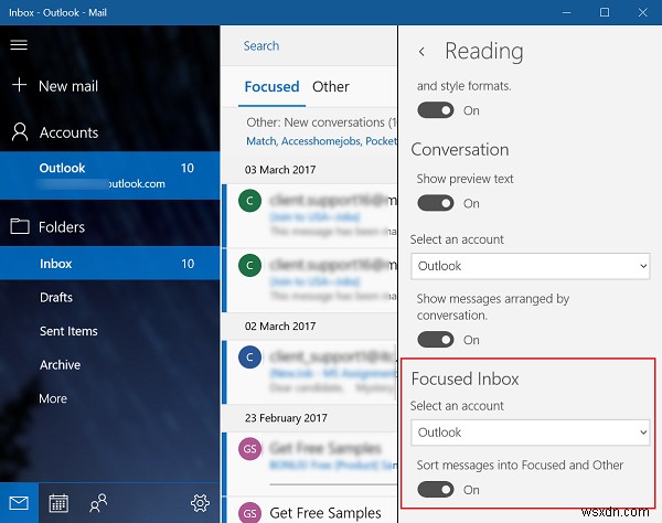 Windows 10メールアプリの「フォーカスされた受信トレイ」を有効・無効にする方法