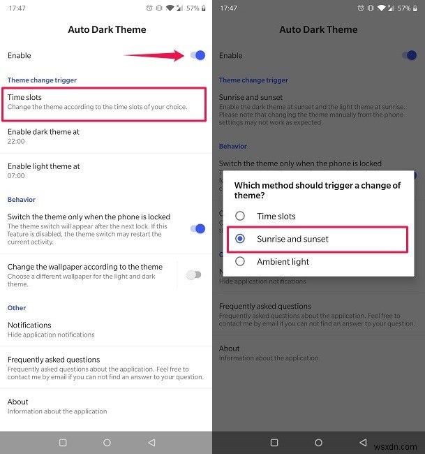 Androidで日没時にダークモードを自動的に有効化するスケジュール設定の方法