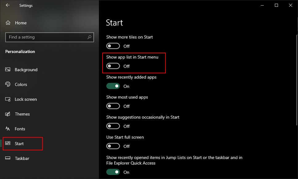 Windows 10のスタートメニューで「すべてのアプリ」リストを表示・非表示にする方法
