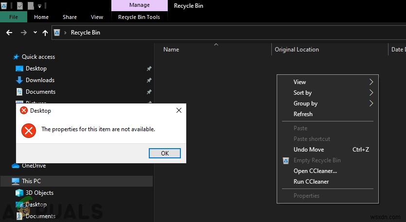 Windowsでごみ箱のコンテキストメニューから「プロパティ」を削除・無効化する方法