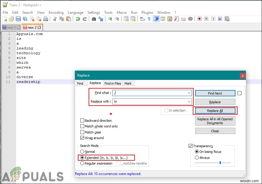 Notepad++で文字列・文字・記号を検索して改行に置き換える方法