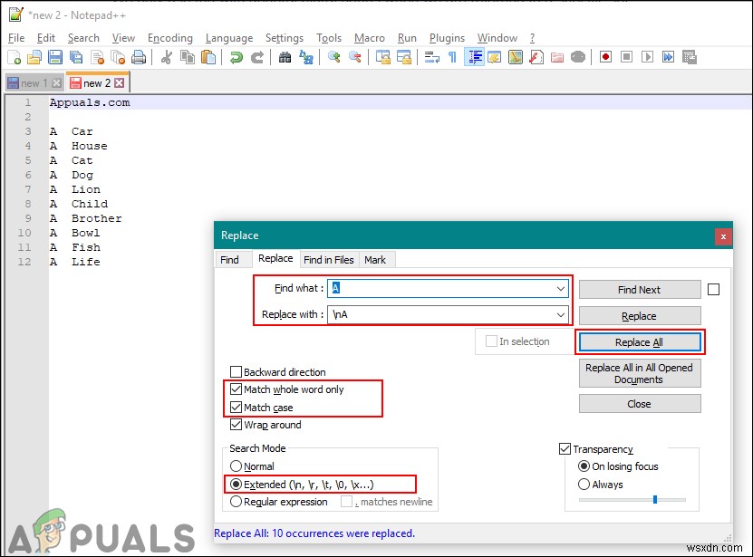 Notepad++で文字列・文字・記号を検索して改行に置き換える方法